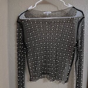 White Birch Black Sheer Pearl-Studded Blouse